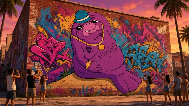 Crowd admiring a giant graffiti mural of Chunkee